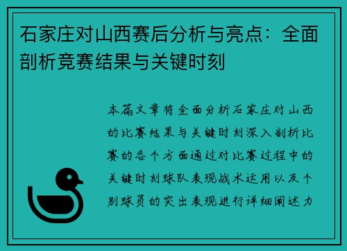 石家庄对山西赛后分析与亮点：全面剖析竞赛结果与关键时刻