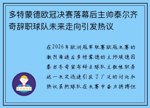 多特蒙德欧冠决赛落幕后主帅泰尔齐奇辞职球队未来走向引发热议